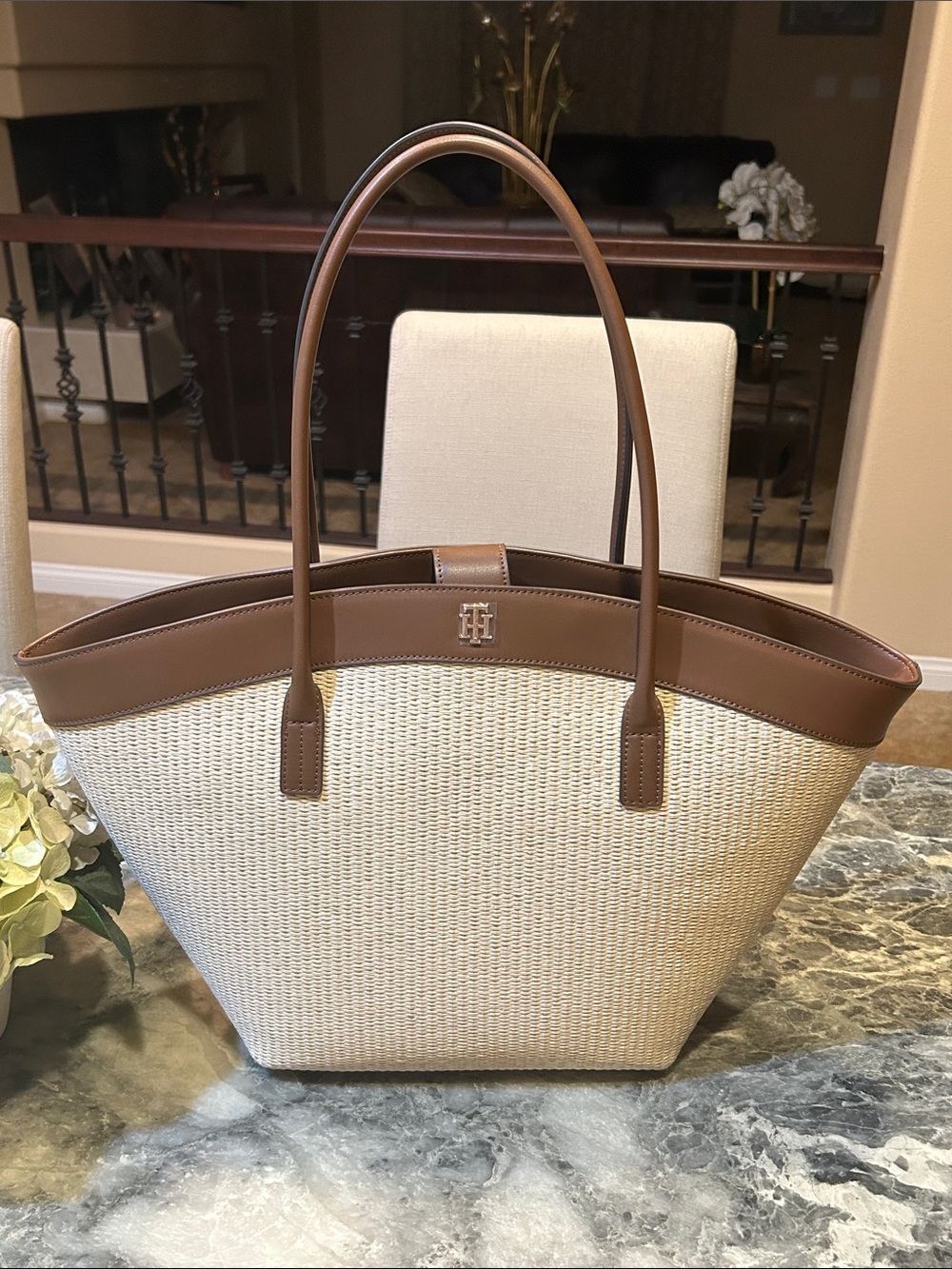 Tommy Hilfiger Cream Woven Tote with Brown Trim